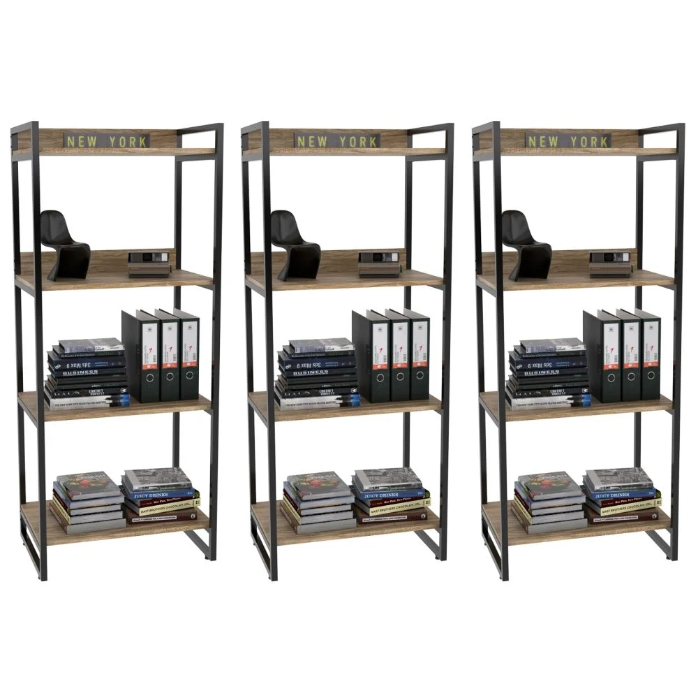 Kit 3 Estante Livreiro Prisma Estilo Industrial 60cm 4 Prateleiras C08 Carvalho - Mpozenato