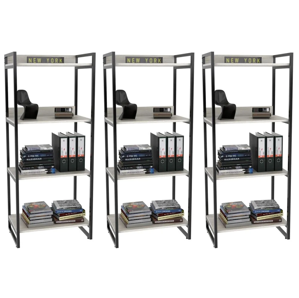 Kit 3 Estante Livreiro Prisma Estilo Industrial 60cm 4 Prateleiras C08 Snow - Mpozenato