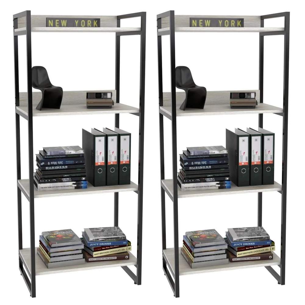 Kit 2 Estante Livreiro Prisma Estilo Industrial 60cm 4 Prateleiras C08 Snow - Mpozenato