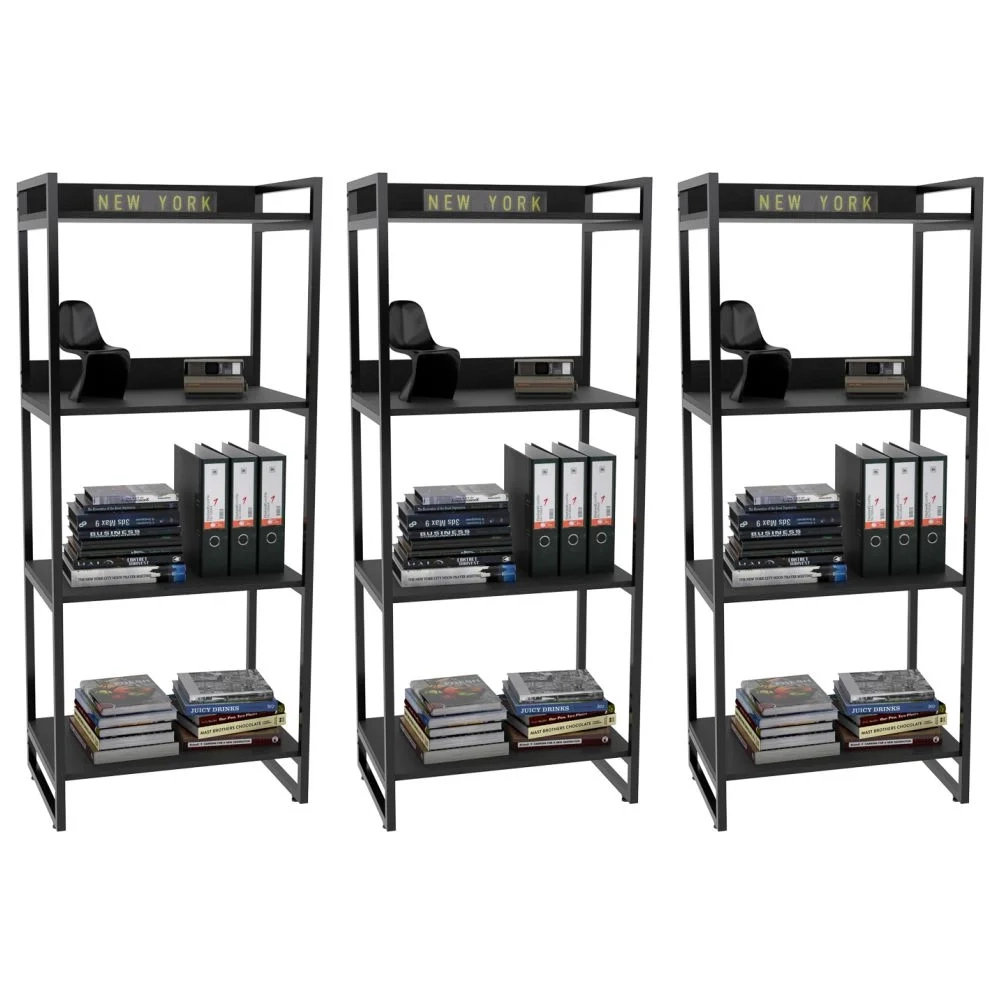 Kit 3 Estante Livreiro Prisma Estilo Industrial 60cm 4 Prateleiras C08 Preto Onix - Mpozenato