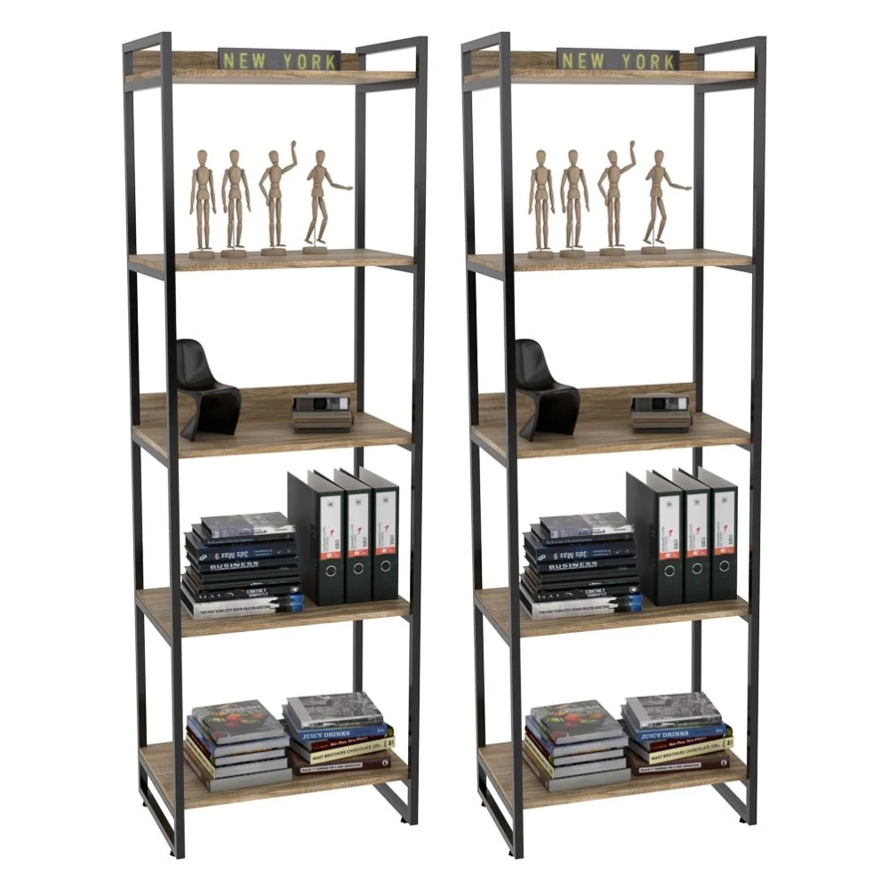 Kit 2 Estantes Livreiro Prisma Estilo Industrial 60cm 5 Prateleiras C08 Carvalho - Mpozenato