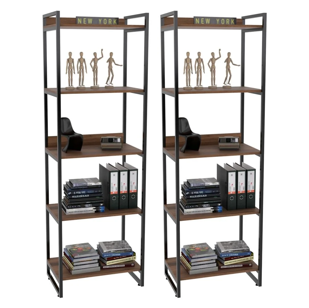 Kit 2 Estantes Livreiro Prisma Estilo Industrial 60cm 5 Prateleiras C08 Nogal - Mpozenato