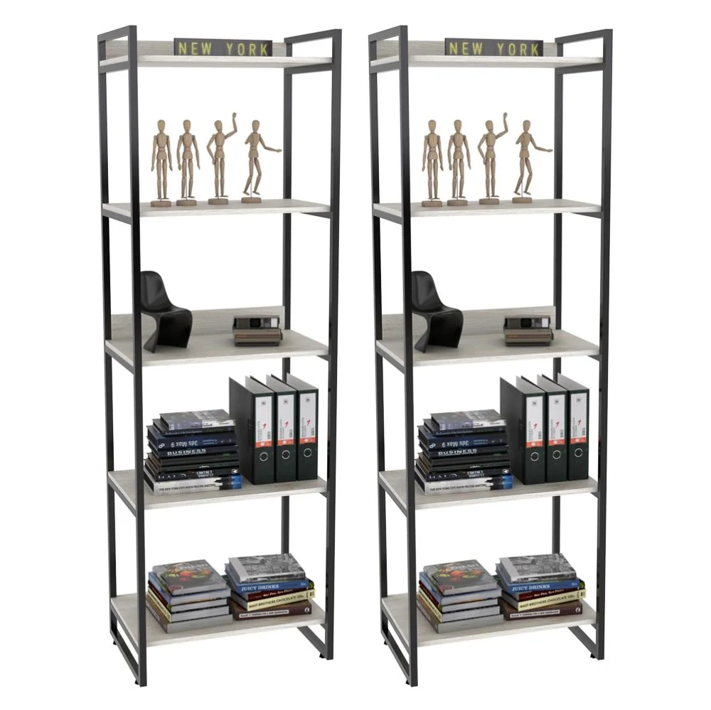 Kit 2 Estantes Livreiro Prisma Estilo Industrial 60cm 5 Prateleiras C08 Snow - Mpozenato