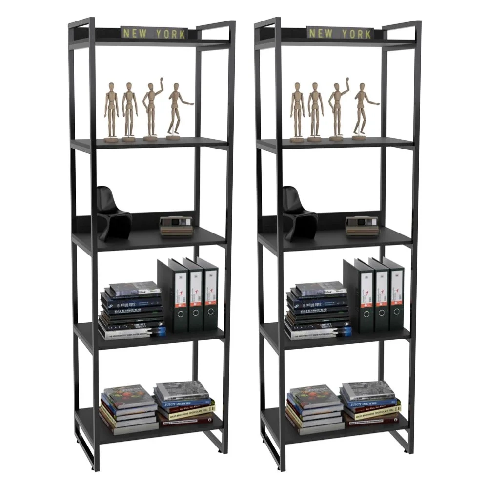 Kit 2 Estantes Livreiro Prisma Estilo Industrial 60cm 5 Prateleiras C08 Preto Onix - Mpozenato