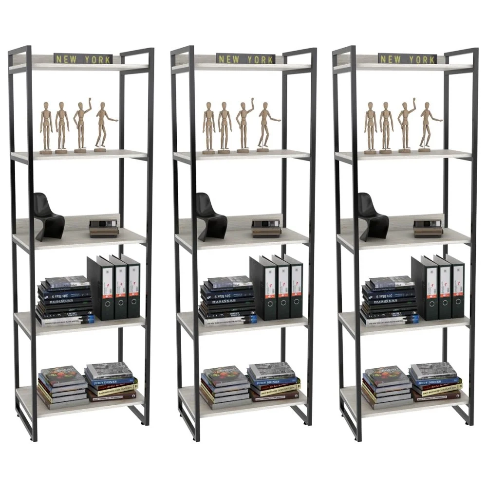Kit 3 Estantes Livreiro Prisma Estilo Industrial 60cm 5 Prateleiras C08 Snow - Mpozenato