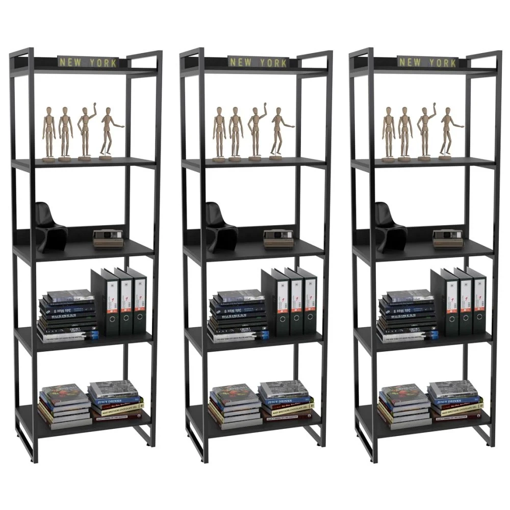 Kit 3 Estantes Livreiro Prisma Estilo Industrial 60cm 5 Prateleiras C08 Preto Onix - Mpozenato