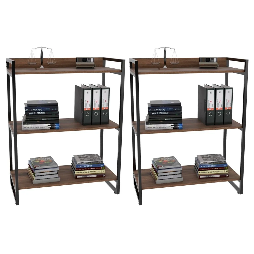 Kit 2 Estantes Livreiro Prisma Estilo Industrial 80cm 3 Prateleiras C08 Nogal - Mpozenato