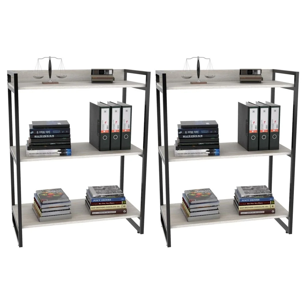 Kit 2 Estantes Livreiro Prisma Estilo Industrial 80cm 3 Prateleiras C08 Snow - Mpozenato