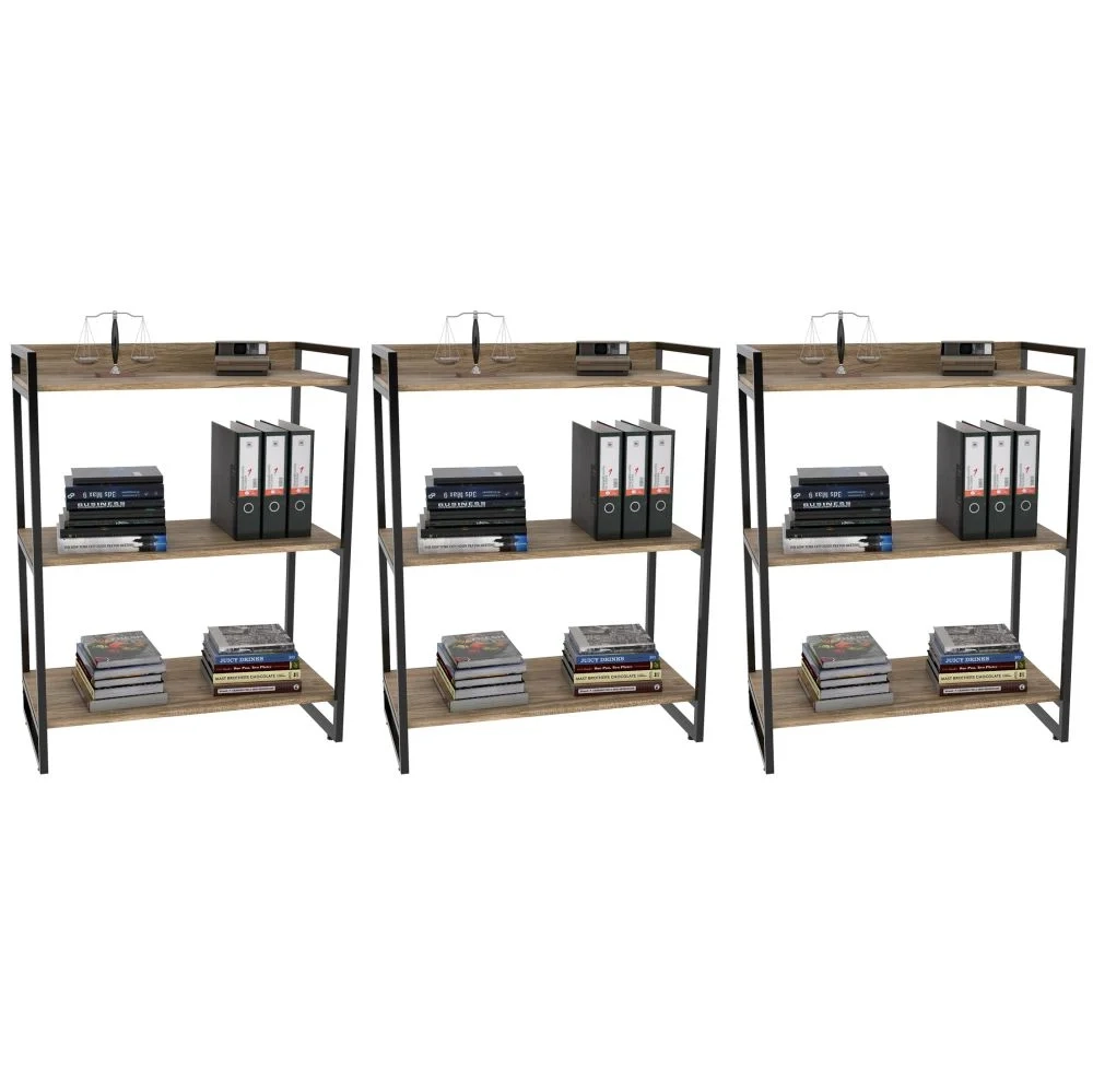 Kit 3 Estantes Livreiro Prisma Estilo Industrial 80cm 3 Prateleiras C08 Carvalho - Mpozenato