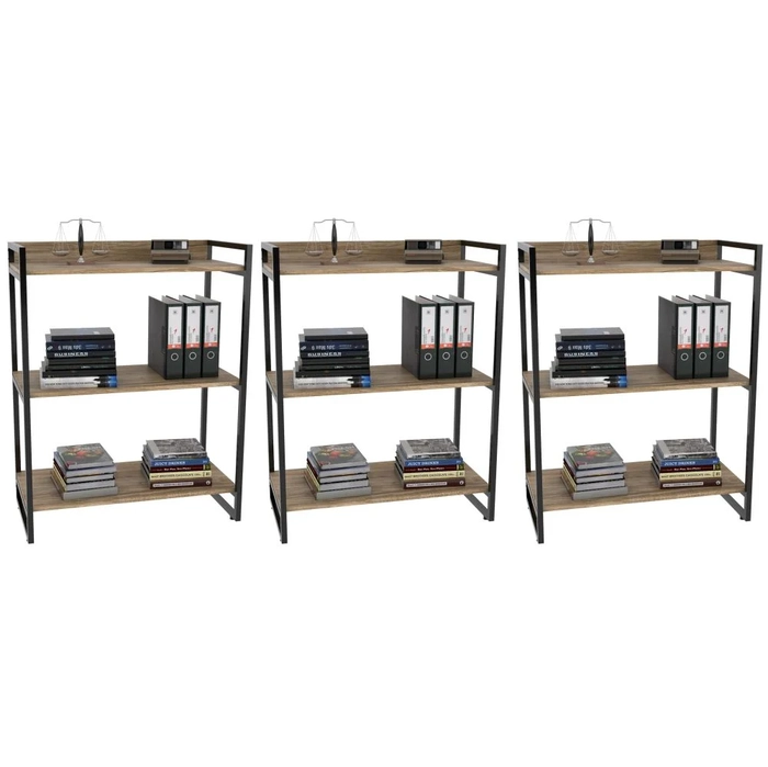 Kit 3 Estantes Livreiro Prisma Estilo Industrial 80cm 3 Prateleiras C08 Carvalho - Mpozenato