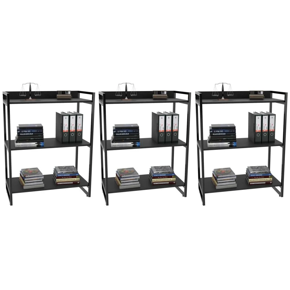 Kit 3 Estantes Livreiro Prisma Estilo Industrial 80cm 3 Prateleiras C08 Preto Onix - Mpozenato