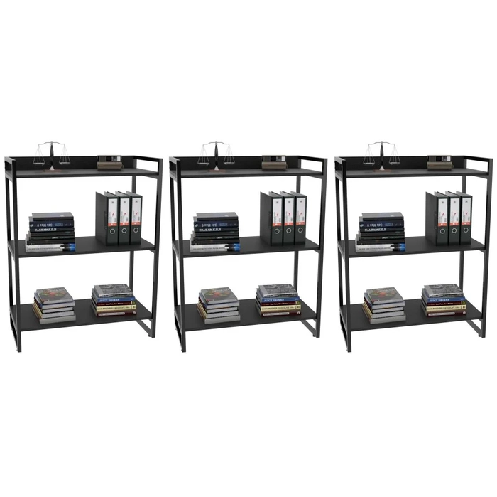 Kit 3 Estantes Livreiro Prisma Estilo Industrial 80cm 3 Prateleiras C08 Preto Onix - Mpozenato