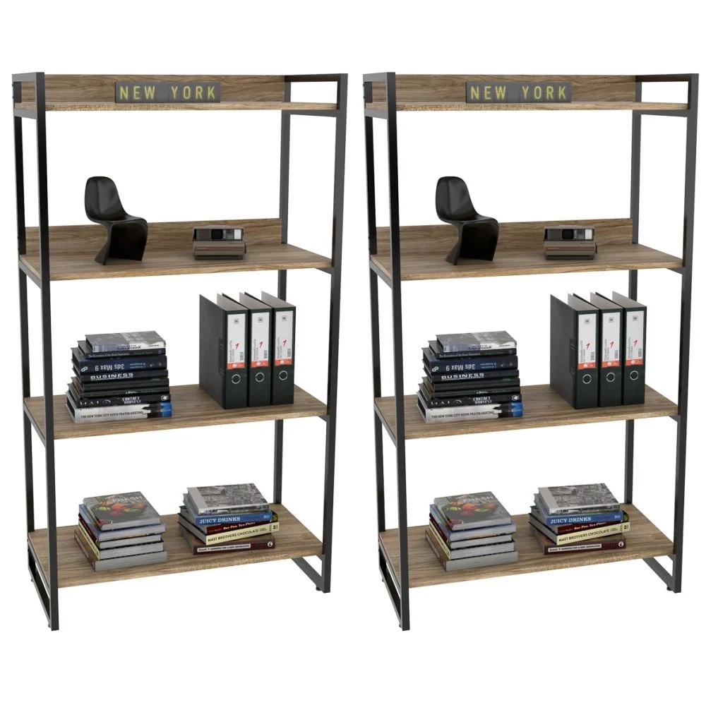 Kit 2 Estantes Livreiro Prisma Estilo Industrial 80cm 4 Prateleiras C08 Carvalho - Mpozenato