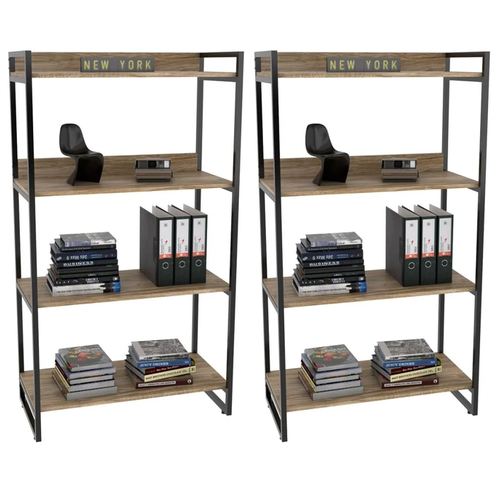 Kit 2 Estantes Livreiro Prisma Estilo Industrial 80cm 4 Prateleiras C08 Carvalho - Mpozenato