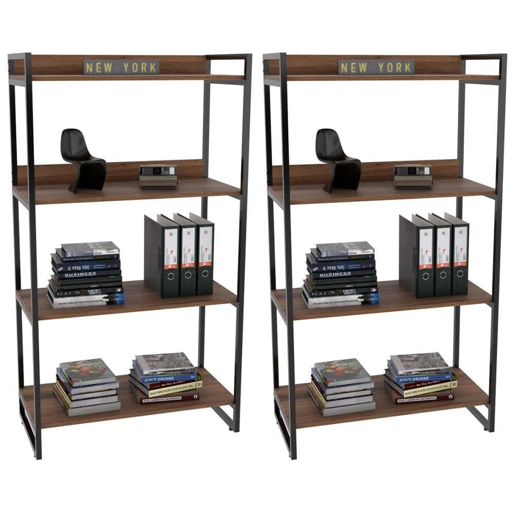 Kit 2 Estantes Livreiro Prisma Estilo Industrial 80cm 4 Prateleiras C08 Nogal - Mpozenato