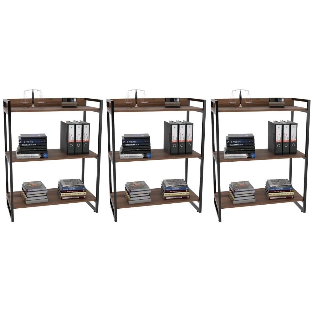 Kit 3 Estantes Livreiro Prisma Estilo Industrial 80cm 3 Prateleiras C08 Nogal - Mpozenato