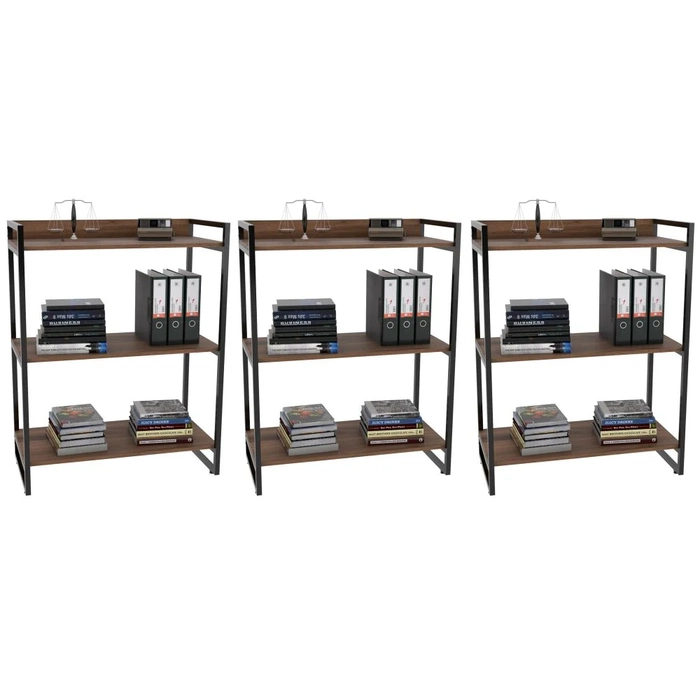 Kit 3 Estantes Livreiro Prisma Estilo Industrial 80cm 3 Prateleiras C08 Nogal - Mpozenato