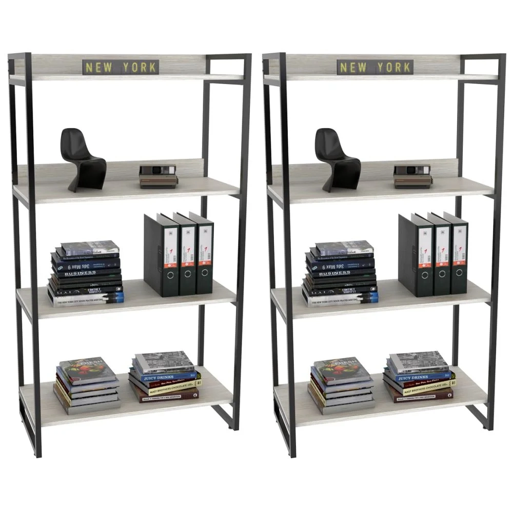 Kit 2 Estantes Livreiro Prisma Estilo Industrial 80cm 4 Prateleiras C08 Snow - Mpozenato