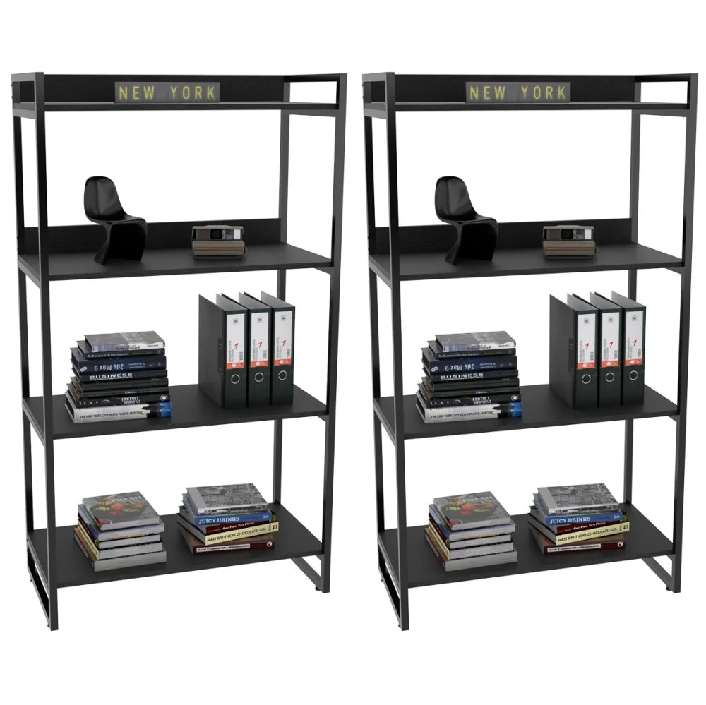 Kit 2 Estantes Livreiro Prisma Estilo Industrial 80cm 4 Prateleiras C08 Preto Onix - Mpozenato