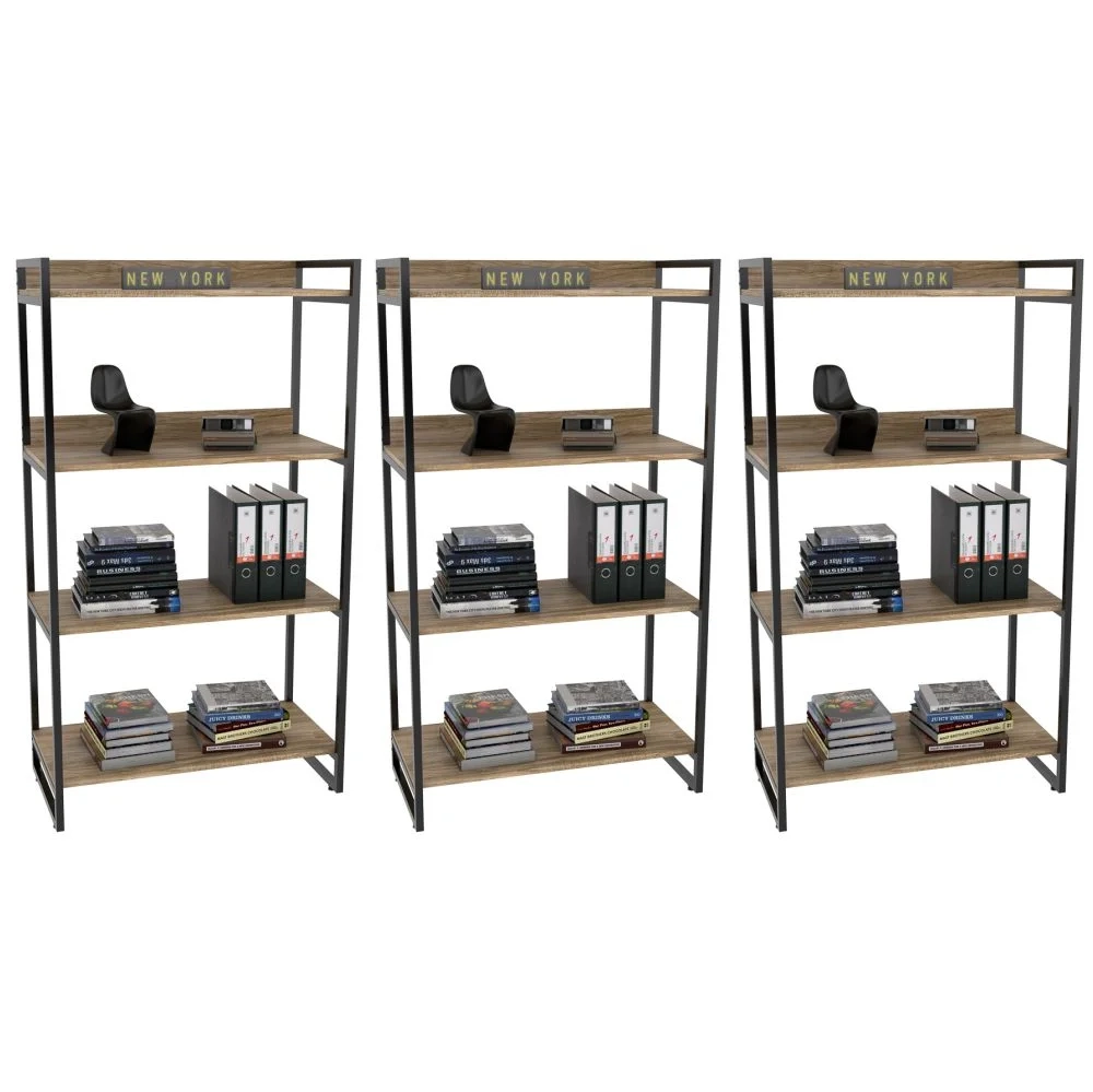 Kit 3 Estantes Livreiro Prisma Estilo Industrial 80cm 4 Prateleiras C08 Carvalho - Mpozenato