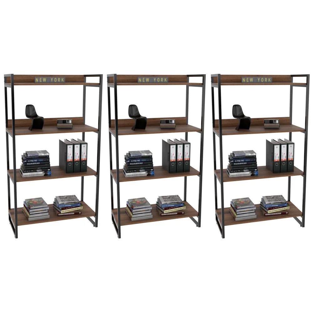 Kit 3 Estantes Livreiro Prisma Estilo Industrial 80cm 4 Prateleiras C08 Nogal - Mpozenato