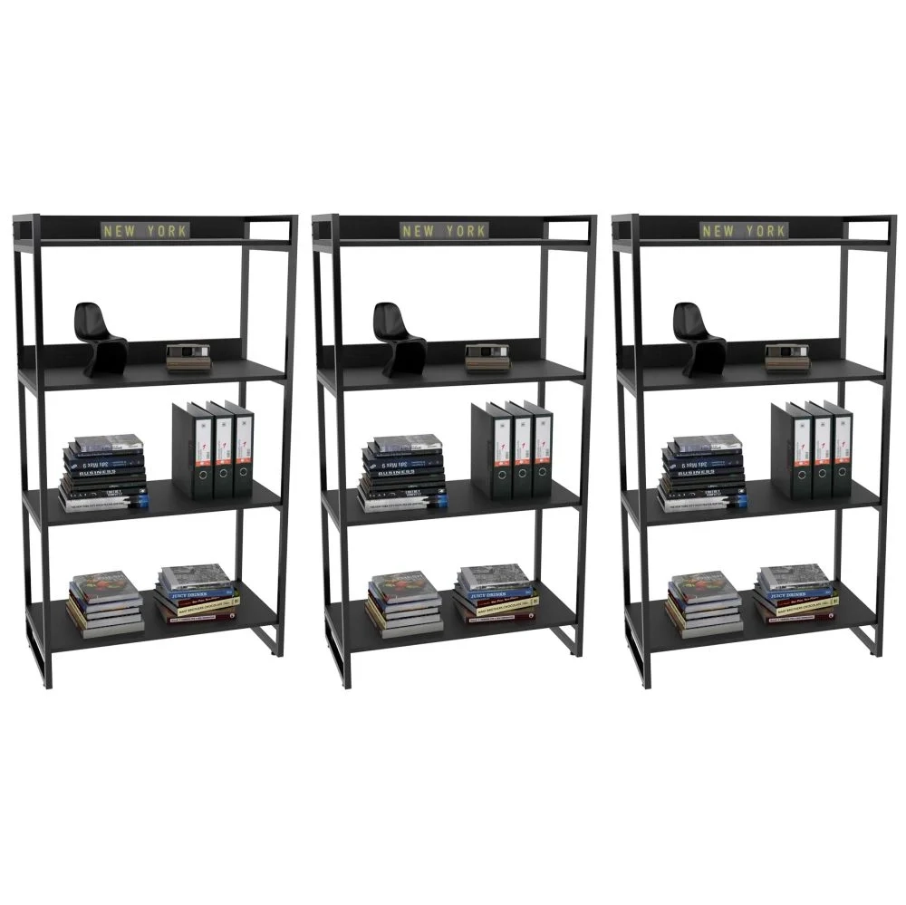 Kit 3 Estantes Livreiro Prisma Estilo Industrial 80cm 4 Prateleiras C08 Preto Onix - Mpozenato