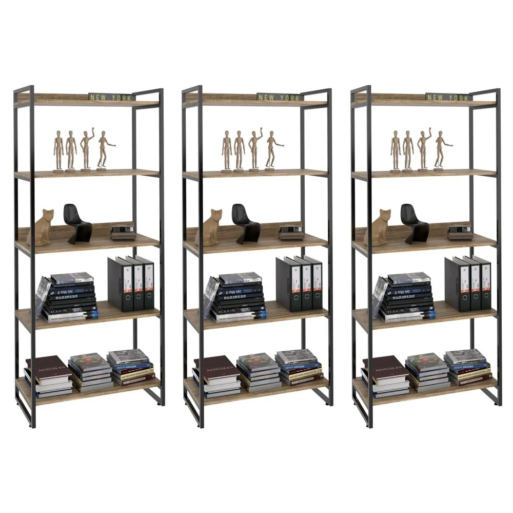 Kit 3 Estantes Livreiro Prisma Estilo Industrial 80cm 5 Prateleiras C08 Carvalho - Mpozenato