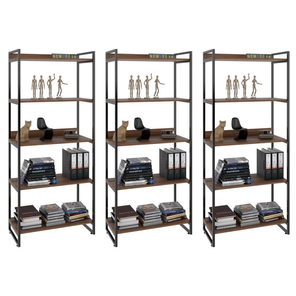 Kit 3 Estantes Livreiro Prisma Estilo Industrial 80cm 5 Prateleiras C08 Nogal - Mpozenato