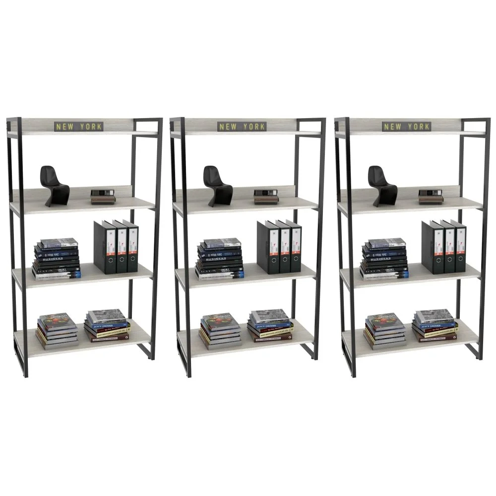 Kit 3 Estantes Livreiro Prisma Estilo Industrial 80cm 4 Prateleiras C08 Snow - Mpozenato