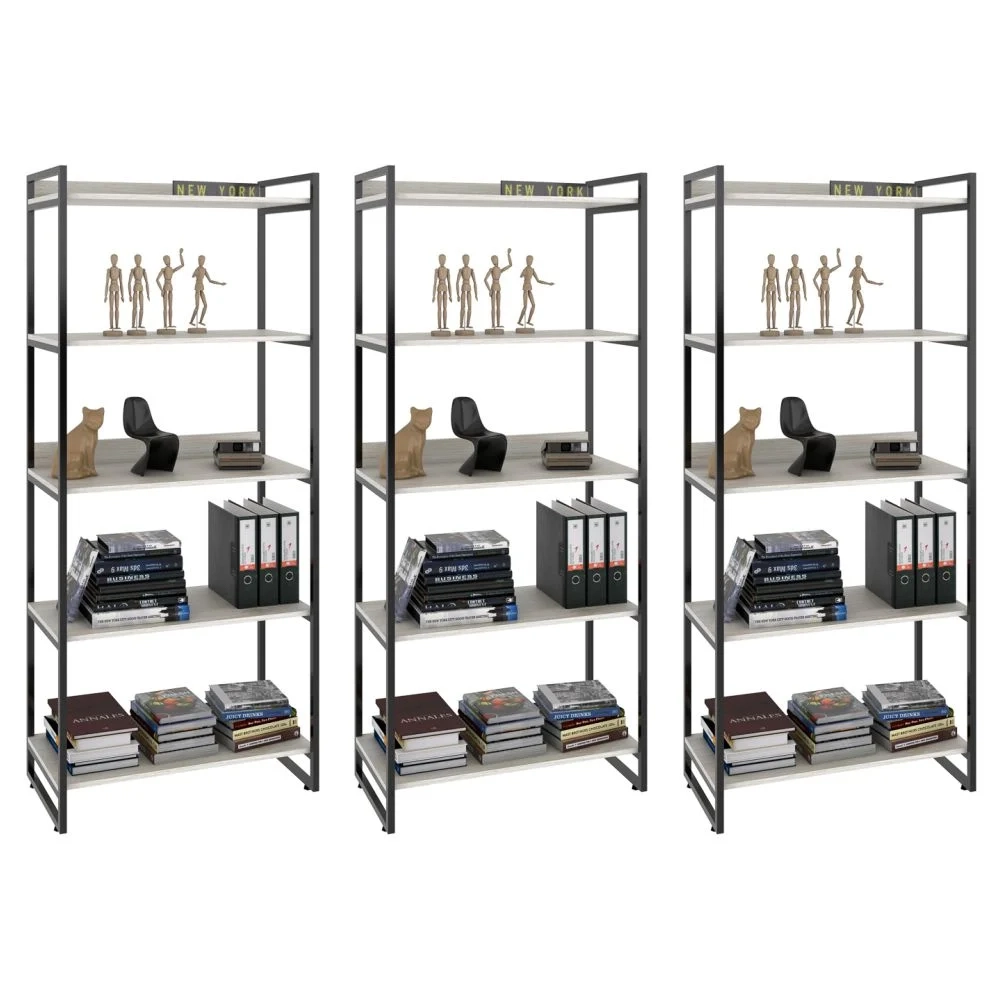 Kit 3 Estantes Livreiro Prisma Estilo Industrial 80cm 5 Prateleiras C08 Snow - Mpozenato