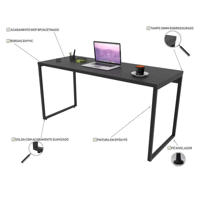 Kit 2 Mesas de Escritório Office 150cm Estilo Industrial Prisma C08 Preto Onix - Mpozenato