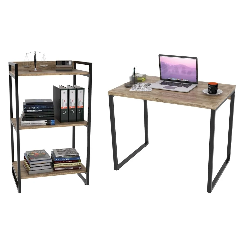 Conjunto Escritório Estilo Industrial Mesa 90cm e Estante 60cm 3 Prateleiras Prisma C08 Carvalho - Mpozenato