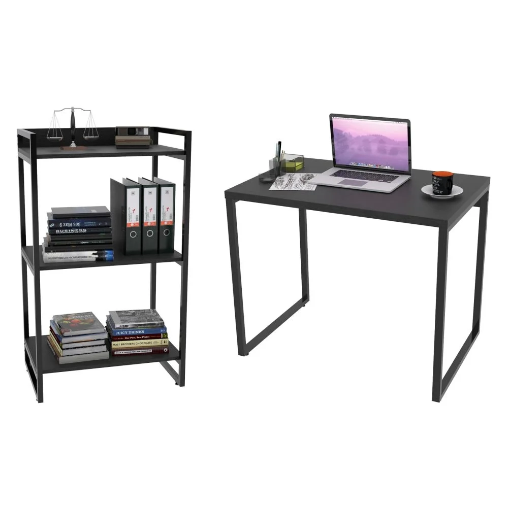 Conjunto Escritório Estilo Industrial Mesa 90cm e Estante 60cm 3 Prateleiras Prisma C08 Preto Onix - Mpozenato