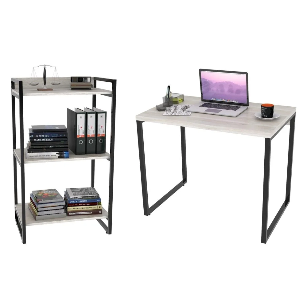 Conjunto Escritório Estilo Industrial Mesa 90cm e Estante 60cm 3 Prateleiras Prisma C08 Snow - Mpozenato