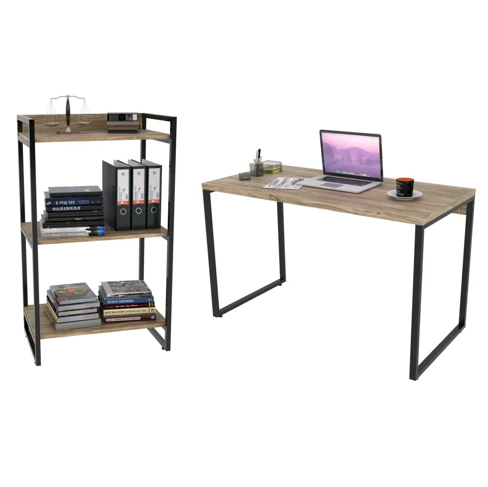 Conjunto Escritório Estilo Industrial Mesa 135cm e Estante 60cm 3 Prateleiras Prisma C08 Carvalho - Mpozenato