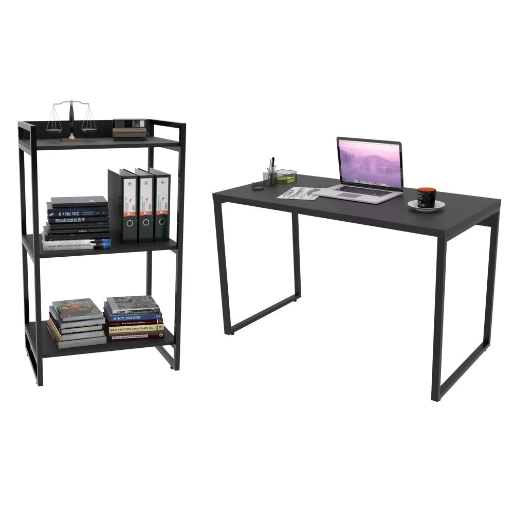 Conjunto Escritório Estilo Industrial Mesa 135cm e Estante 60cm 3 Prateleiras Prisma C08 Preto Onix - Mpozenato