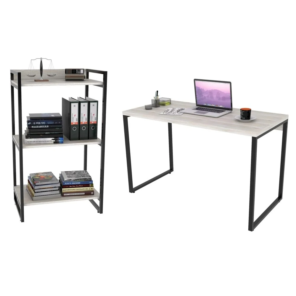 Conjunto Escritório Estilo Industrial Mesa 135cm e Estante 60cm 3 Prateleiras Prisma C08 Snow - Mpozenato