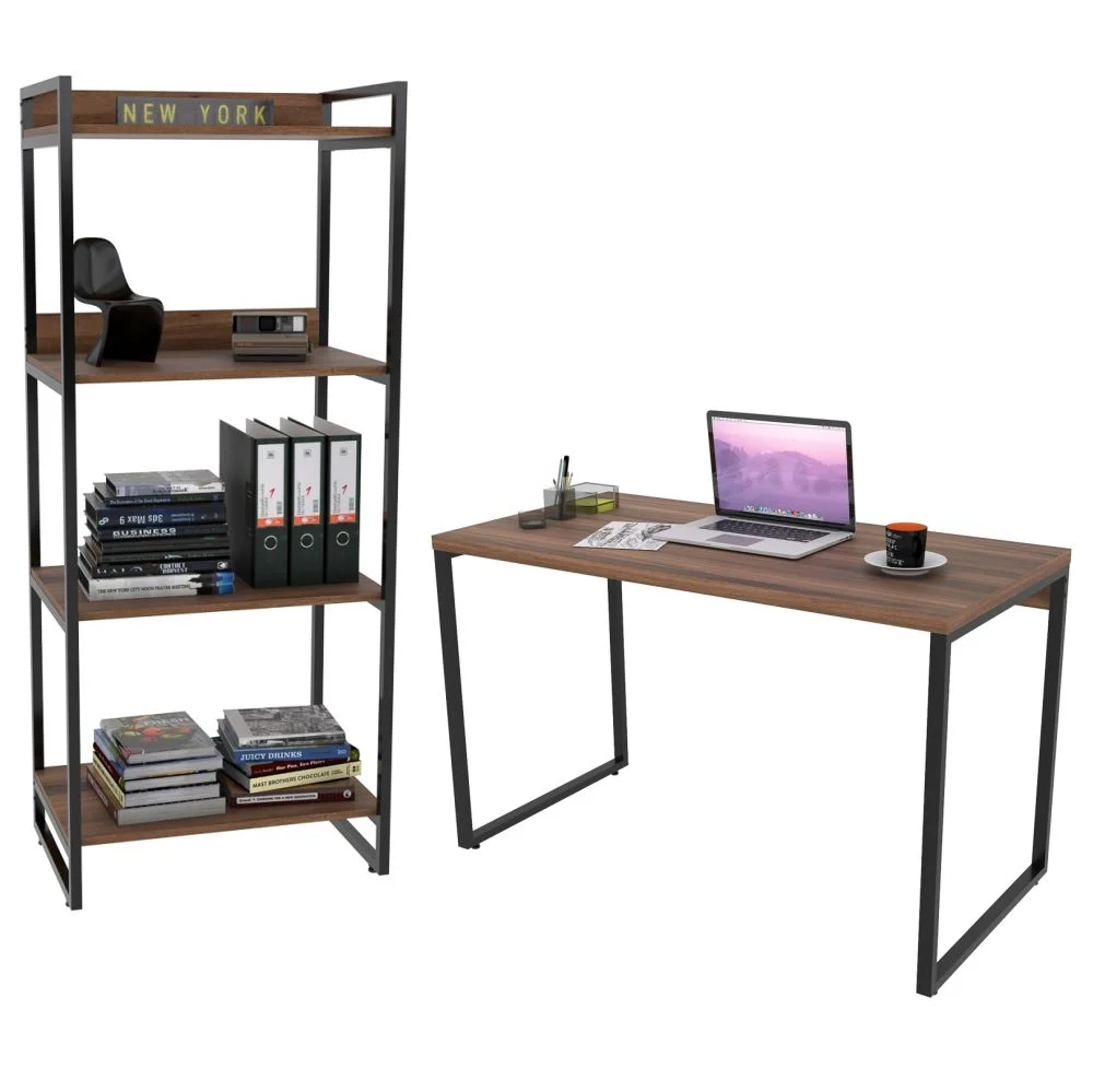 Conjunto Escritório Estilo Industrial Mesa 120cm e Estante 60cm 4 Prateleiras Prisma C08 Nogal - Mpozenato