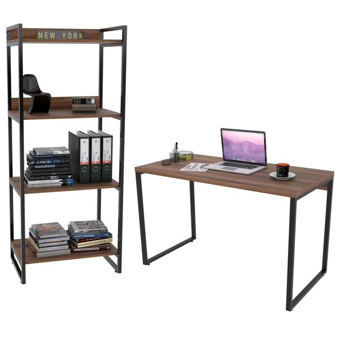 Conjunto Escritório Estilo Industrial Mesa 120cm e Estante 60cm 4 Prateleiras Prisma C08 Nogal - Mpozenato