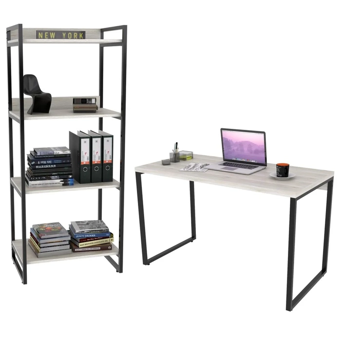 Conjunto Escritório Estilo Industrial Mesa 120cm e Estante 60cm 4 Prateleiras Prisma C08 Snow - Mpozenato