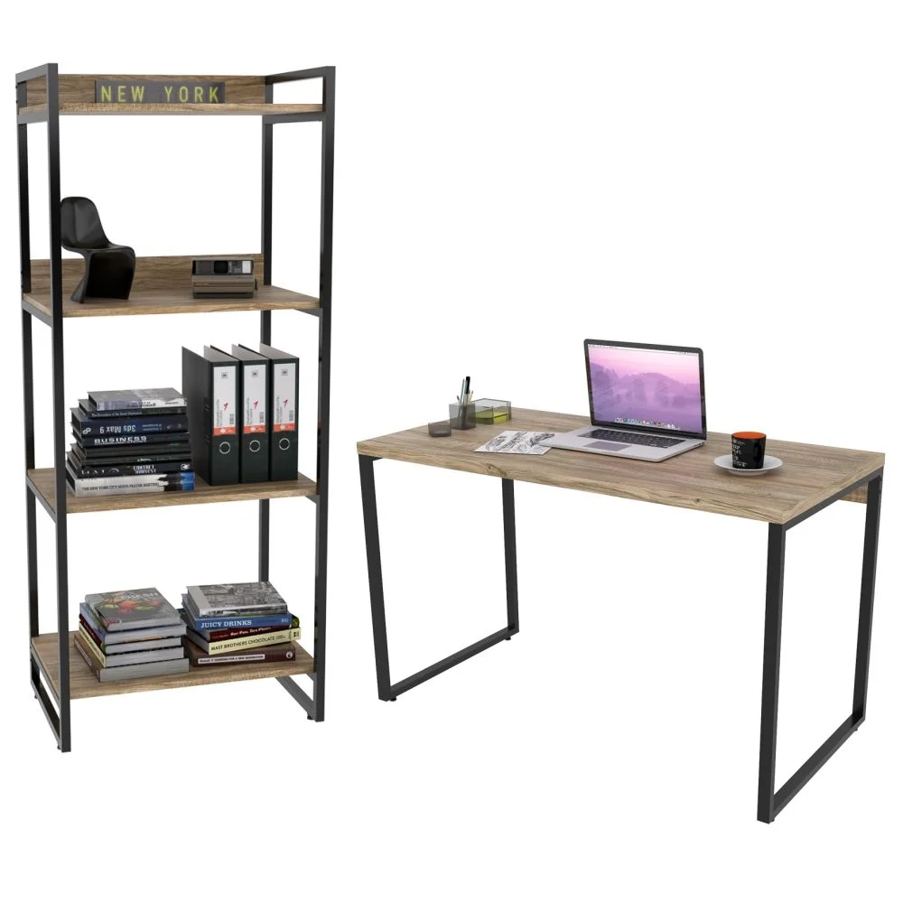 Conjunto Escritório Estilo Industrial Mesa 120cm e Estante 60cm 4 Prateleiras Prisma C08 Carvalho - Mpozenato