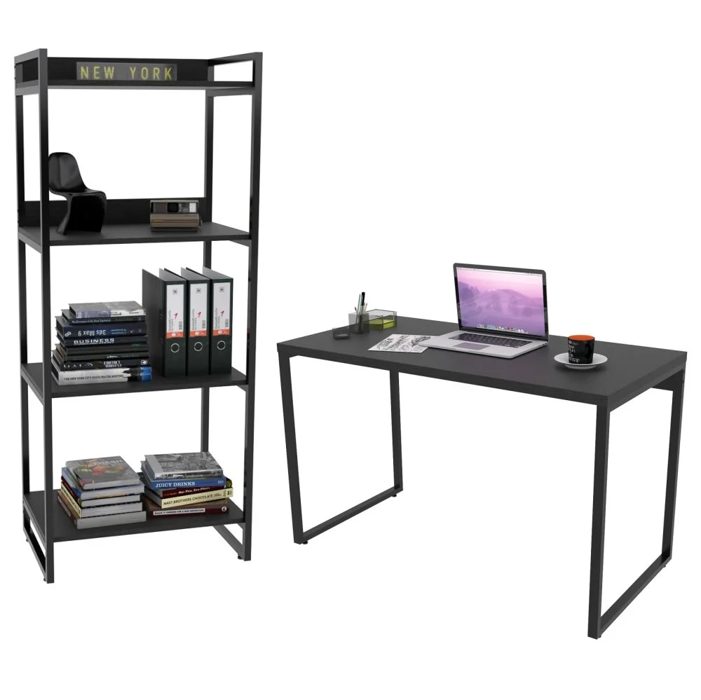 Conjunto Escritório Estilo Industrial Mesa 135cm e Estante 60cm 4 Prateleiras Prisma C08 Preto Onix - Mpozenato