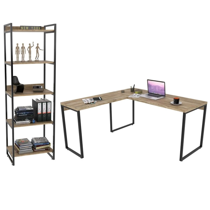 Conjunto Escritório Estilo Industrial Mesa 150x150cm e Estante 60cm 5 Prateleiras Prisma C08 Carvalho - Mpozenato