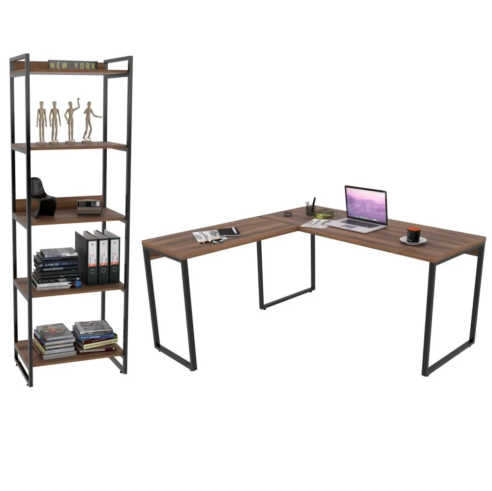 Conjunto Escritório Estilo Industrial Mesa 150x150cm e Estante 60cm 5 Prateleiras Prisma C08 Nogal - Mpozenato