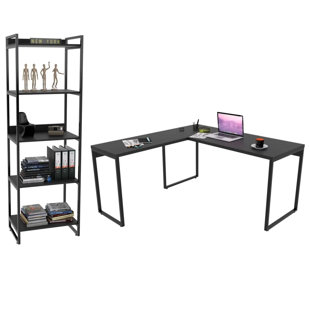 Conjunto Escritório Estilo Industrial Mesa 150x150cm e Estante 60cm 5 Prateleiras Prisma C08 Preto Onix - Mpozenato