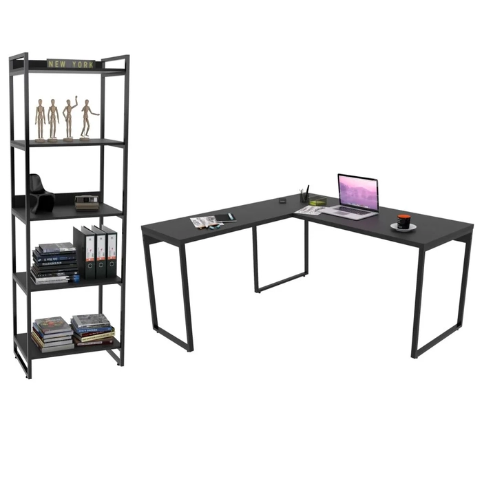 Conjunto Escritório Estilo Industrial Mesa 150x150cm e Estante 60cm 5 Prateleiras Prisma C08 Preto Onix - Mpozenato