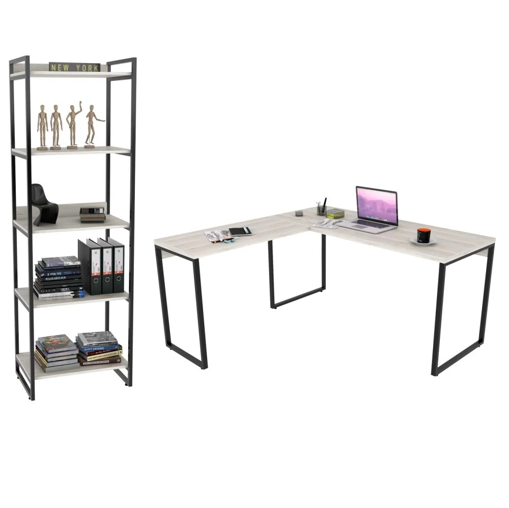 Conjunto Escritório Estilo Industrial Mesa 150x150cm e Estante 60cm 5 Prateleiras Prisma C08 Snow - Mpozenato