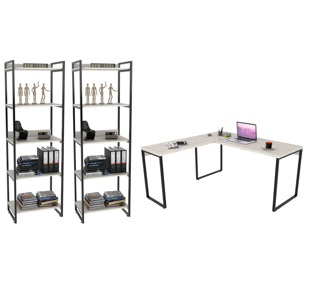 Conjunto Escritório Estilo Industrial Mesa 150x150cm e 2 Estantes 60cm 5 Prateleiras Prisma C08 Snow - Mpozenato