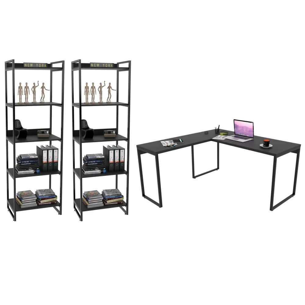 Conjunto Escritório Estilo Industrial Mesa 150x150cm e 2 Estantes 60cm 5 Prateleiras Prisma C08 Preto Onix - Mpozenato