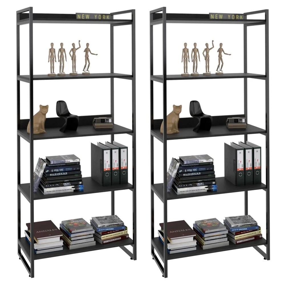 Kit 2 Estantes Livreiro Prisma Estilo Industrial 80cm 5 Prateleiras C08 Preto Onix - Mpozenato